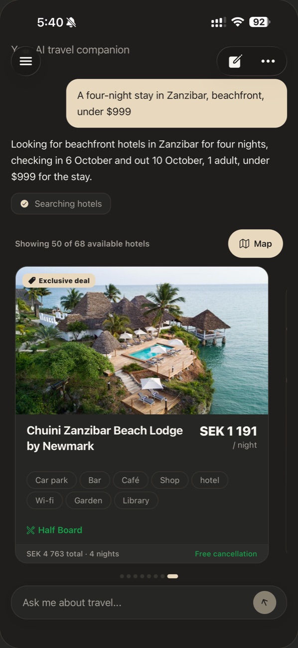 A chat asking for a beachfront stay in Zanzibar under $999, and Labibo answering with a hotel card and a Map button