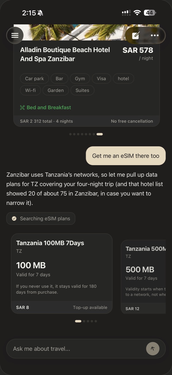 A chat asking for an eSIM in Zanzibar, with Tanzania data plans shown as cards
