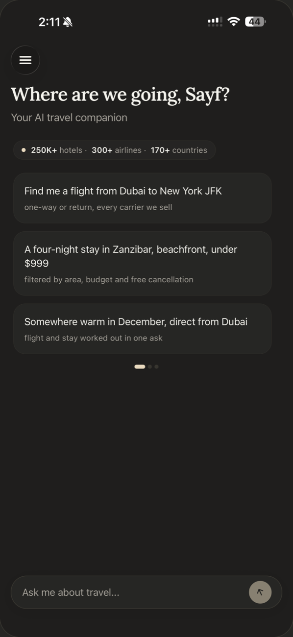 Labibo home screen asking where we are going, with example prompts for flights and hotels