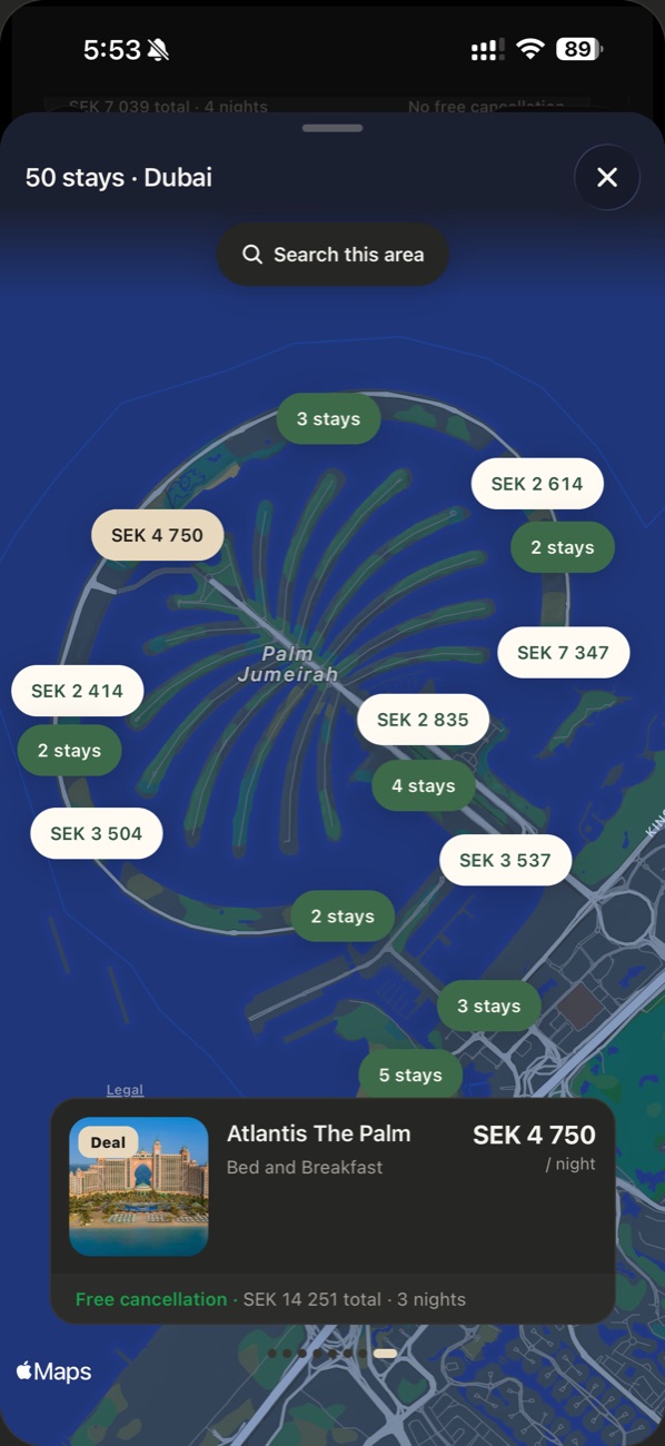 Map of Palm Jumeirah in Dubai with hotels grouped and priced per night, and Atlantis The Palm docked at the bottom